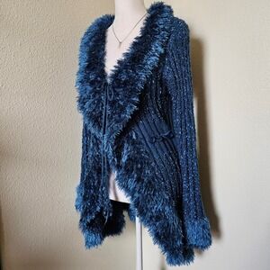 Shana K Teal Blue Eyelash Knit Faux Fur Trim Tie Front Cardigan Sweate